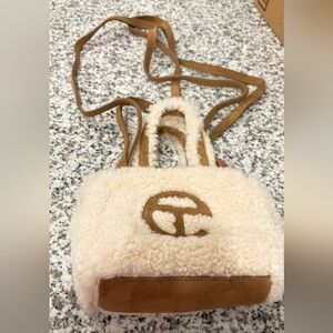 Telfar Cream Sherpa Mini Crossbody with Tan Suede Accents